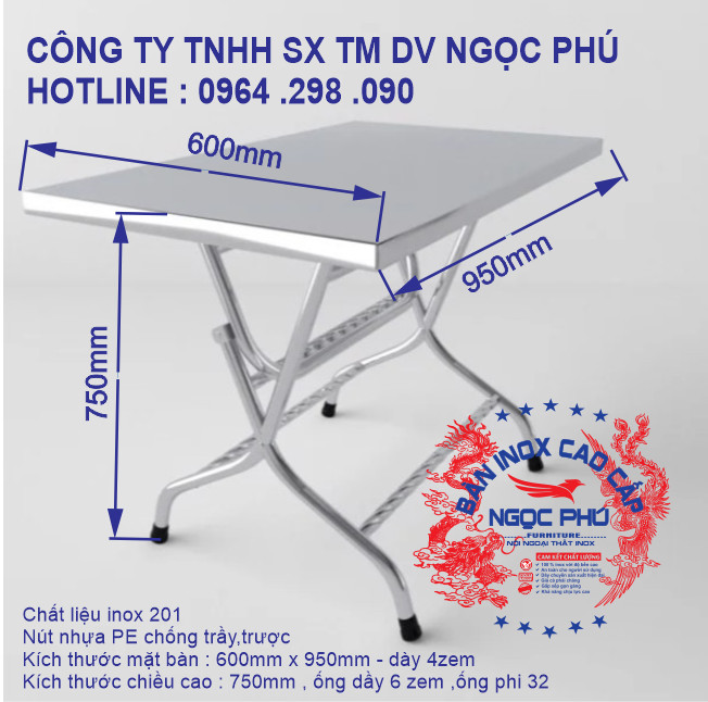 BÀN INOX CHỮ NHẬT 7.12NP4D/201